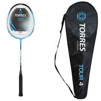 Ракетка бадминтона  TORRES Tour4,арт.BD-501 для любителе,стерж из графита,алюм.обод,со струнами, сине-черн